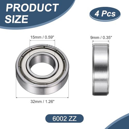 uxcell 4 Pack 6002 ZZ Deep Groove Ball Bearings, 15x32x9mm Chrome Steel Double Shield Bearing for Electric Motor, Home Appliances, Garden Machinery, (ABEC5) - size: 6002 ZZ
