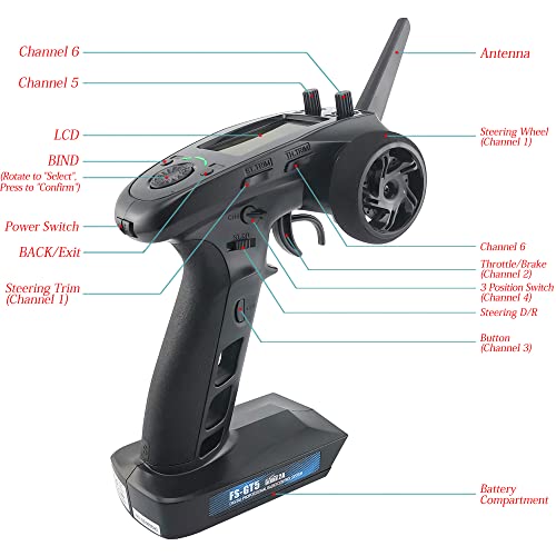 DTXMX FS-GT5 6CH Transmitter W/FS-BS6 Receiver for RC Car and Boat Flysky | Gyro RX | 20-model memory TX | FLYSKY 2.4GHz AFHDS2A system