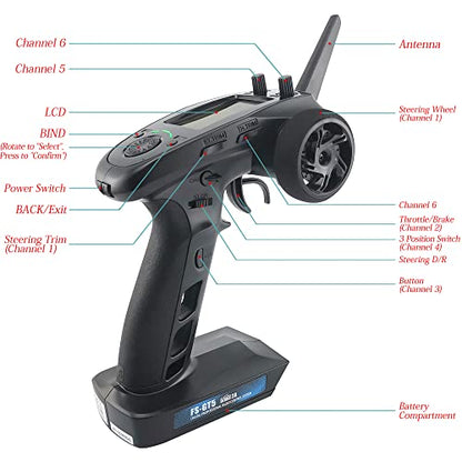 DTXMX FS-GT5 6CH Transmitter W/FS-BS6 Receiver for RC Car and Boat Flysky | Gyro RX | 20-model memory TX | FLYSKY 2.4GHz AFHDS2A system