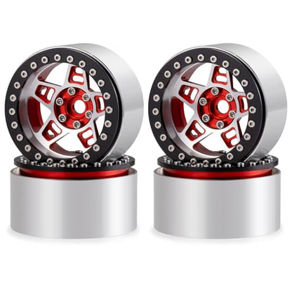 4Pcs Metal 2.2" Beadlock Wheel Rim Set 35mm, Red + Black | Upgrade Parts, For 1/10 Axial SCX10 90046 TRX4 D90, RC Crawler Car - color: Red + Black