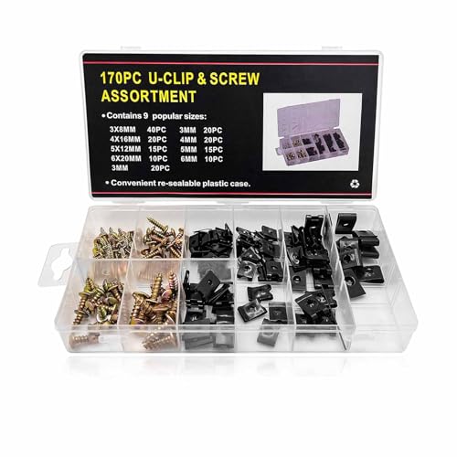 170PCS Car U-Clip and Screw Assortment Kit, 9 Sizes Auto Body Panel Screws U Nuts Replacement, Rustproof Metal Fasteners Automotive Repair Parts for Dash Door Panel Interior