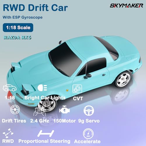 LD1804 1/18 RC Miata Drift Car with 2 Batteries (Blue) | LDRC Drift Car For Adults with ESP Gyro, Pop-up Lights, Blue - color: Miata Blue With 2 Batteries