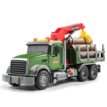 Dwi Dowellin Kids Toys for 3 4 5 6 7 Years Old Boys,15" Large Timber Truck with Loading Crane and 6 Trunks,Birthday Gifts for Boy Toddler Child - style: farm truck