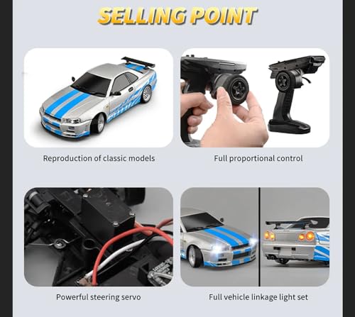 LD1899 1:18 RC Drift Car GTR R34 2.4GHz RWD with Gyroscope on-Road Alloy Body Shell Racing Cars Radio Control (Silvery)