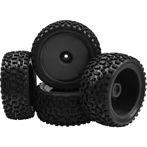 4Pack HIRCQOO OD 88mm/3.46" Front and Rear Rubber Tire Tyre & Plastic Wheel Rims 12mm Hex Hub Compatible with Redcat HPI HSP ExceedRC Kyosho Losi 1/10 Scale Off Road Buggy (Black) - color: Black