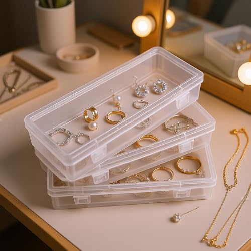Goodma 8 Pieces Rectangular Empty Mini Clear Plastic Organizer Box | 6.5 x 2.56 x 1.38 Inch, Hinged Lids, For Small Items, Craft Projects - size: 165 x 65 x 35 mm