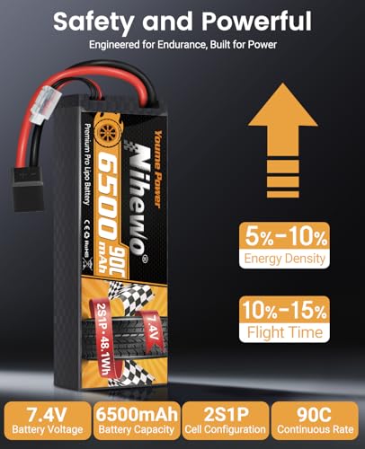 2S Lipo Battery 6500mAh 7.4V RC Battery 90C Hard Case with Tr + EC5 Plug Compatible with RC Car Truck Vehicles Truggy Buggy Boat Airplane Models (2 Packs)