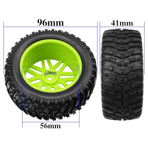 OD 96mm RC Off Road Short Course Truck Tire w/Plastic Rim 12mm Hex Compatible with 1/10 Scale Buggy Car HSP 94170 94155 Wltoys 1/14 144001 124019 RC Car (Green) - color: Green