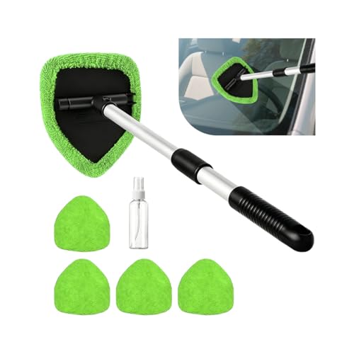 Car Windshield Cleaner Tool, Extendable Handle Pentagonal Vehicle Window Cleaning Kit with 4 Reusable Pads Spray Bottle, Auto Windscreen Detailing Cleaner, Universal Fit (Green) - size: Green