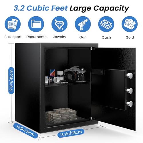 17.55'' Fireproof Safe Box with Digital Keypad, 3.2 Cu Ft Home Safe | Safes with Smart Alert, 2 Removable Shelves,Keys & Pass Code,Wall Mount,External Emergency Power and Fireproof Waterproof Bag - size: 3.2 Cubic Feet