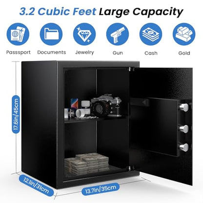 17.55'' Fireproof Safe Box with Digital Keypad, 3.2 Cu Ft Home Safe | Safes with Smart Alert, 2 Removable Shelves,Keys & Pass Code,Wall Mount,External Emergency Power and Fireproof Waterproof Bag - size: 3.2 Cubic Feet