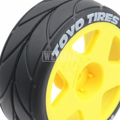 4PCS RC 1/10 On-Road Tires 65mm RC Rubber Tires w/Plastic Wheel Rim 12mm Hex Fit for 1/10 RC On-Road Rally Car HPI Tamiya TT01 TT02 Kyosho Wltoys 144001 - color: Yellow 2