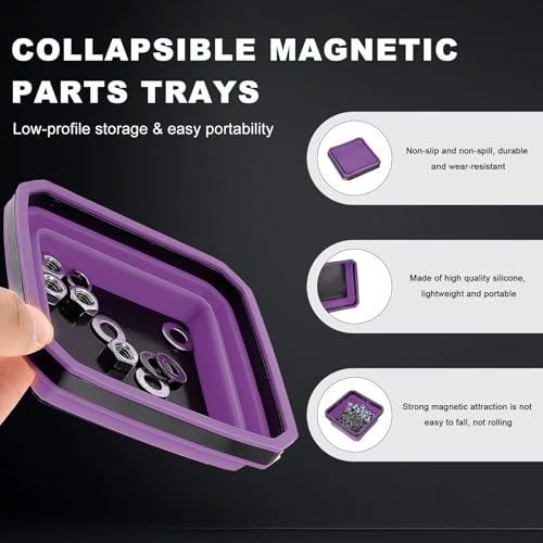 Collapsible Magnetic Parts Tray, 4.5" Square Metal Parts Organizer with Dual-Sided Magnetic Base, Foldable Tools Tray Silicone Storage Bowl for Screws Bolts Nuts Washers Pins (Purple) - color: Purple