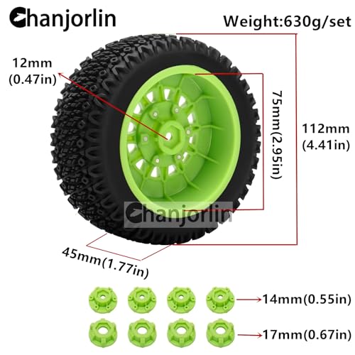 1/10 1/8 RC Short Course Truck Tires OD 112mm and Wheels 12mm 14mm 17mm Hex for 1:8 1:10 Scale Off Road Truck Car Traxxas Slash 2WD 4×4 Axial Losi Redcat Rc4wd Arrma Senton 4PCS (Green) - color: Green