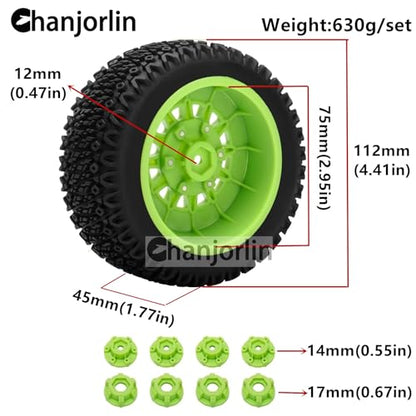 1/10 1/8 RC Short Course Truck Tires OD 112mm and Wheels 12mm 14mm 17mm Hex for 1:8 1:10 Scale Off Road Truck Car Traxxas Slash 2WD 4×4 Axial Losi Redcat Rc4wd Arrma Senton 4PCS (Green) - color: Green