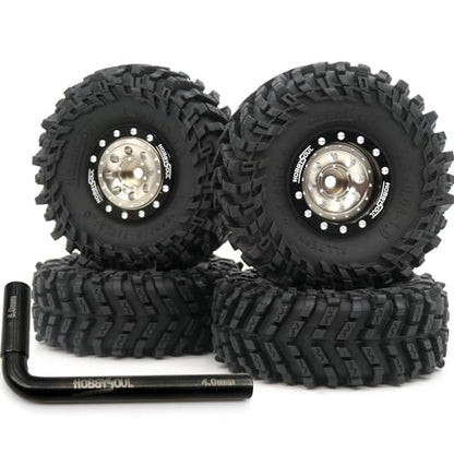 RC 1.0 Mud Tires Tyres 64 * 25mm & Aluminum 1.0 beadlock Wheels (+1mm & -3mm Offsets) Black Champagne Rims Hex 7mm for RC Micro Crawler FMS24 FCX24 1/18 TRX4M 1/24 SCX24 - color: Black & Champagne
