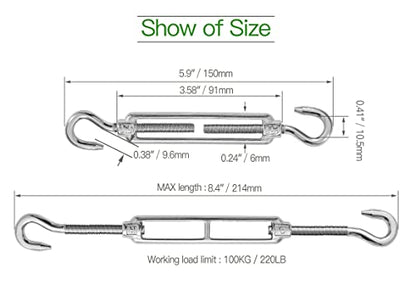 6PCS M6 Hook & Hook Turnbuckle 304 Stainless Steel Turnbuckle Wire Rope Tension Heavy Duty Turnbuckles for Cable Railing Wire Rope Hardware Kit (M6, Hook & Hook) - style: Hook & Hook-M-6