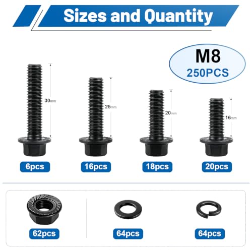250PCS M8 Flange Bolts and Nuts Assortment Kit, Grade 10.9 Alloy Steel | Black Zinc Plated Metric M8-1.25 x16/20/25/30mm Hex Screws Flat & Spring Washers for 3D Printer, RC Car, Drones, DIY Repair - size: G10.9 M8 250PCS
