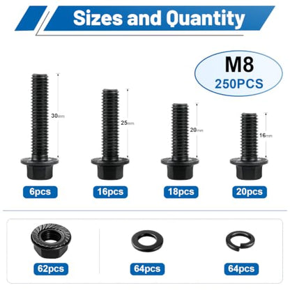250PCS M8 Flange Bolts and Nuts Assortment Kit, Grade 10.9 Alloy Steel | Black Zinc Plated Metric M8-1.25 x16/20/25/30mm Hex Screws Flat & Spring Washers for 3D Printer, RC Car, Drones, DIY Repair - size: G10.9 M8 250PCS