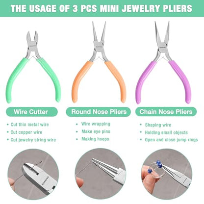 WORKPRO Jewelry Pliers Set, 3-Piece Mini Jewelry Tool Kit | Needle Nose Plier/Chain Nose Plier, Round Nose Pliers & Wire Cutter for Jewelry Making, Beading & Wire Wrapping - color: Light Purple, Light Green, Orange