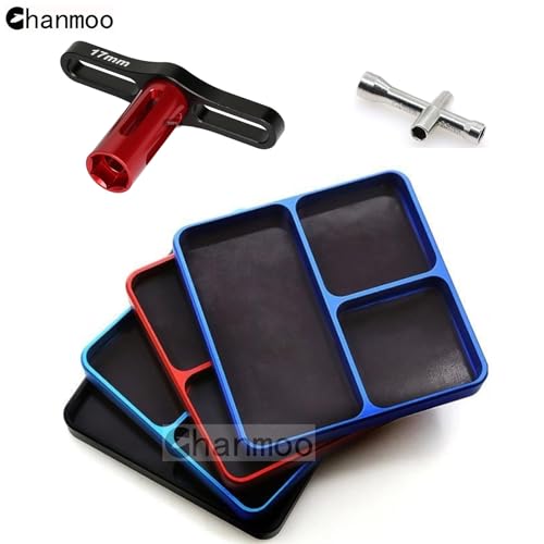 Aluminium RC Screw Tray Nuts Storage Tools with Magnetic Pad and 17mm Hex Wheels Wrench & Small Cross Hex Wrench Sleeve Repair Set Kit for 1/8 1/10 Car HSP HPI Axial Airplane Boat (Sky Blue) - color: Sky Blue