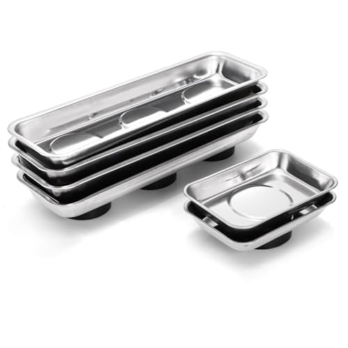 Okllen Set of 6 Small Magnetic Parts Trays, Stainless Steel Magnetic Tray Set for Mechanic's, Extra Strong Magnetic Tool Trays Holder for Socket Screw Nuts Bolts Metal Parts, 8"x2.5"/3.6"x2.5"