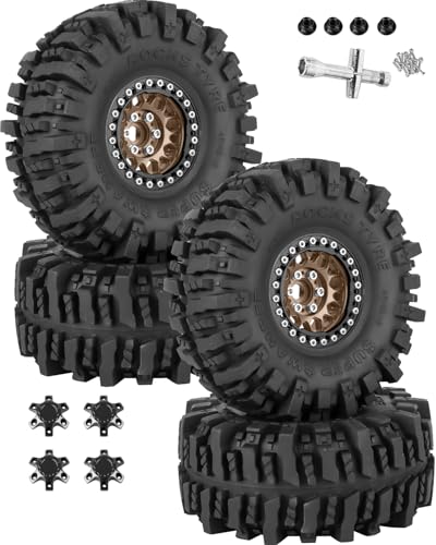 RC 1.9 Beadlock Wheels 1.9 Beadlock Tires for 1/10 SCX10 90046 AX103007 TRX4 TRX6 D90 VS4-10 MST CFX Gen8 7 RC Crawler,Alloy Aluminium rc Wheel Rim w/Rings & Rubber Tires,Brown w/Black - color: Brown(4pcs)
