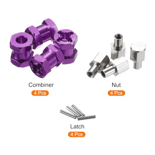 MECCANIXITY 4pcs 12mm Wheel Hex Drive Hubs Adapter Combiner Coupler Purple | 15mm Extension, Aluminum, with Nut Latch, for 1/10 RC Crawler Car Parts