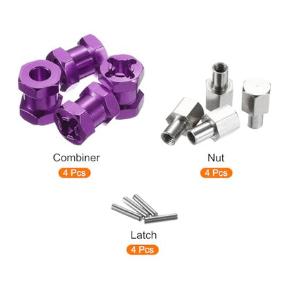 MECCANIXITY 4pcs 12mm Wheel Hex Drive Hubs Adapter Combiner Coupler Purple | 15mm Extension, Aluminum, with Nut Latch, for 1/10 RC Crawler Car Parts