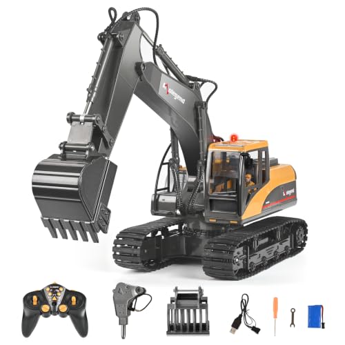 3 in 1 Remote Control Excavator Toy 1/14 Scale RC Excavator, 15 Channel Upgrade Full Functional Construction Vehicles with Tools Metal Breaker and Electric Gripper(Yellow/Black) - size: Medium