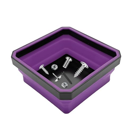 Collapsible Magnetic Parts Tray, 4.5" Square Metal Parts Organizer with Dual-Sided Magnetic Base, Foldable Tools Tray Silicone Storage Bowl for Screws Bolts Nuts Washers Pins (Purple) - color: Purple
