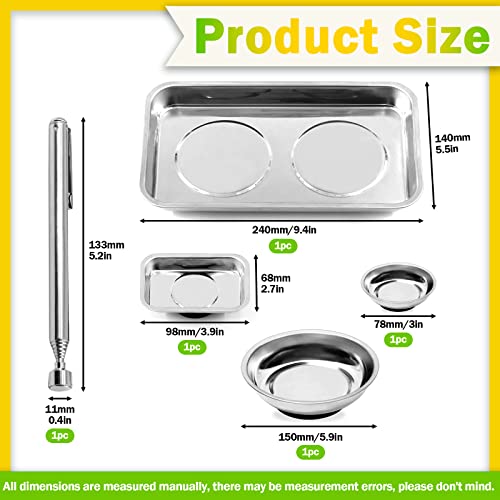 Keadic 5Pcs Stainless Steel Magnetic Tray Holder Set Includes Square & Round Magnetic Parts Tray and Magnetic Telescoping Pick-Up Tool for Screws Nuts Tool Organization