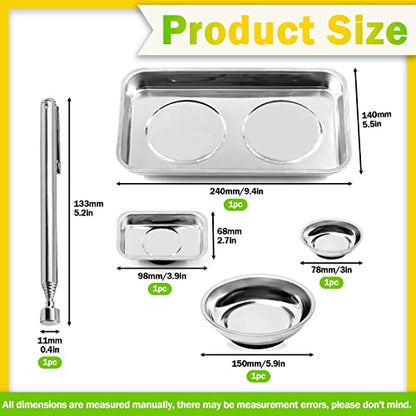 Keadic 5Pcs Stainless Steel Magnetic Tray Holder Set Includes Square & Round Magnetic Parts Tray and Magnetic Telescoping Pick-Up Tool for Screws Nuts Tool Organization