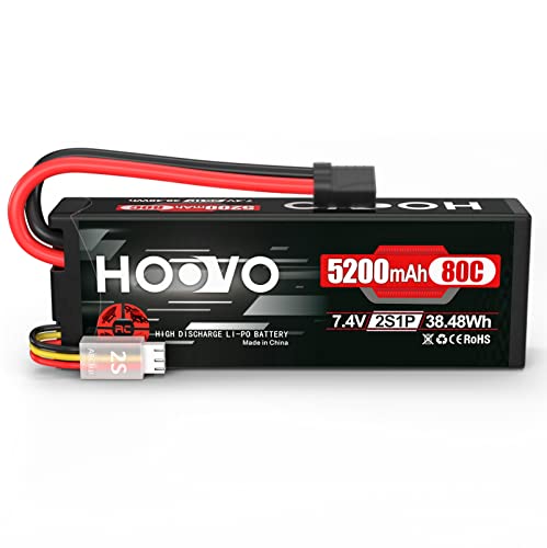 HOOVO 7.4V 80C 5200mAh 2S Lipo Battery with TR Plug Hard Case | for RC Car Truck Truggy Buggy Tank RC Airplane Helicopter Boat Car Racing