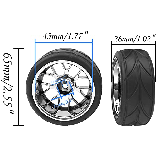 4Pcs HIRCQOO OD 2.55" 1/10 On Road Rubber Tires & 12mm Hex Hub Plastic Wheel Rims Compatible with Traxxas HSP Tamiya HPI Kyosho Redcat 1/10 On-Road Touring Car