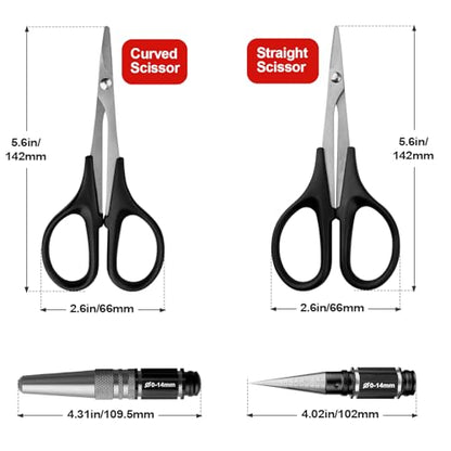 RC Body Reamer & Scissors Set – 0-14mm Hole Puncher with Curved/Straight Tips for Polycarbonate Shells (Lexan Trimming Tools with Sleeve)