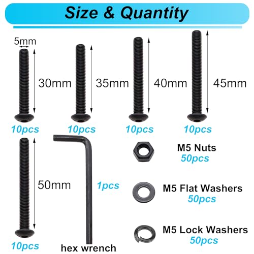 200PCS Black M5 Button Head Hex Socket Cap Screws, M5 x 30/35/40/45/50mm Metric Screws Bolts Nuts Washers Assortment Kit, 10.9 Grade Alloy Steel - size: M5 x 30/35/40/45/50mm, style: Button Head