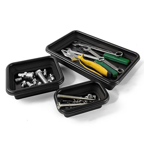 3 PCS Foldable Magnetic Parts Organizer, 3 Sizes Collapsible Metal Parts Trays with Double-Sided Magnetic Base, Square Silicone Tool Trays for Screws Bolts Nuts Washers (Black) - color: Black