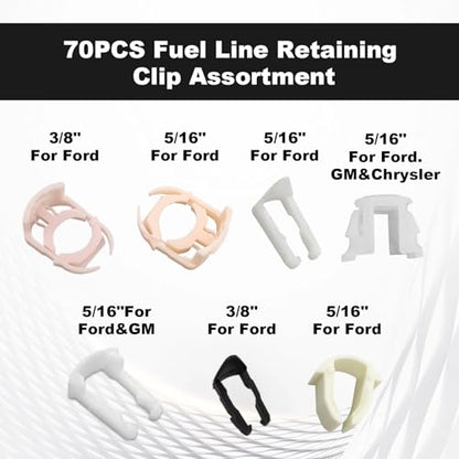 TOPCNOEM 70pcs Fuel Line Retainer Clip Assortment Kit, 5/16" & 3/8" Fuel Lines, 7 Popular Sizes, Compatible with Ford GM