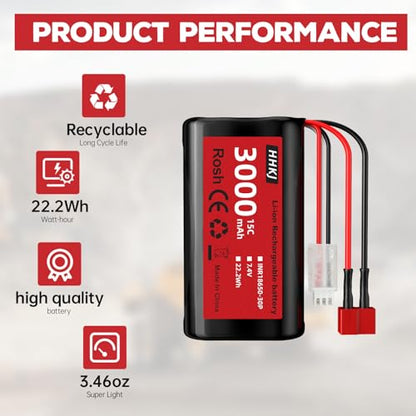 2PCS 7.4V 3000mAh 15C 2S T Plug Rechargeable Li-ion Battery with 1 to 2 Charger for 4WD High Speed RC Car and Most 1/12, 1/16, 1/18 Scale RC Car,Truck RC Ship Engineering Vehicle Backup Battery