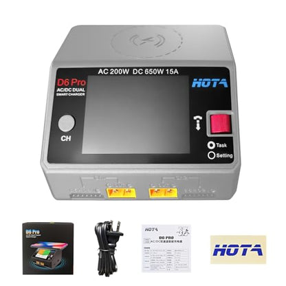 Lipo Battery Charger RC Battery Charger HOTA D6 Pro Smart Charger Dual Channel 15A AC200W with Balance Phone Wireless Charging BoatDC650W for Lipo LiHv Nicd NiMH - color: grey