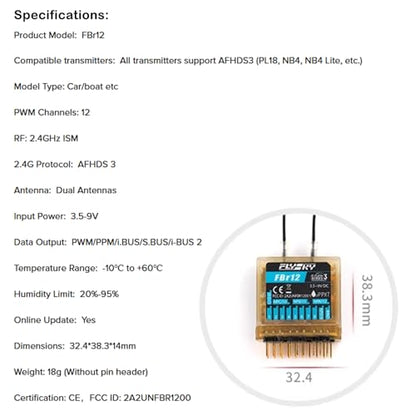 GoolRC Flysky FBr12 Receiver, 2.4GHz 12CH Waterproof Receiver AFHDS3 Dual Antennas Compatible with Flysky EL18 PL18 NB4 NB4 Pro NB4+ Radio Transmitter for RC Car and Boat