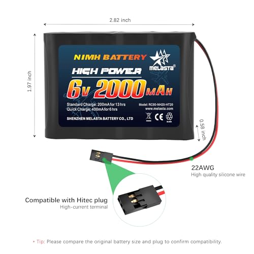 melasta 6V 2000mAh NiMH RX Receiver Battery 2-Pack for RC Airplanes | Rechargeable receiver pack for Futaba/Hitec servo controllers. Compatible with RC aircraft. - size: 6.0V