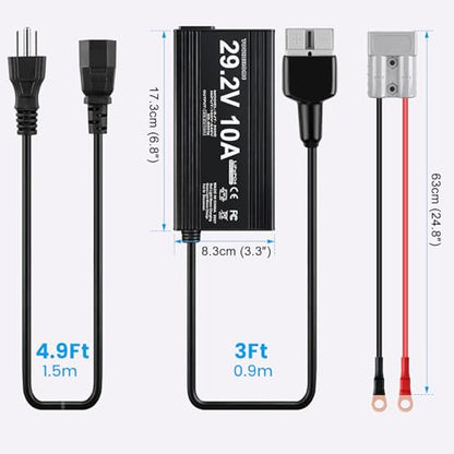 24V(29.2V Max) 10A Lithium Battery Charger for LiFePO4 Deep Cycle Rechargeable Battery Multi Safety Protections Smart Charger with Anderson Connector LED Indicator and 11 AWG M8 Adapter Cable