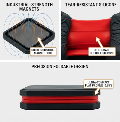 Collapsible Magnetic Parts Tray Set, 4-Pack, Red | Silicone construction, double-sided magnets, fold-flat design, keeps screws and bolts, compact storage, mechanic organizer - color: Red