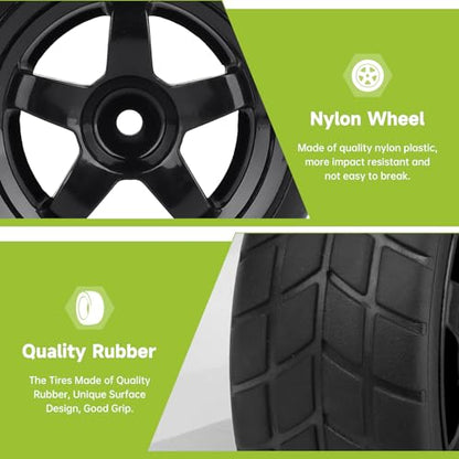 Pre-Glued OD 2.55" 12mm Hex Wheels Rims and Rubber Tires for Traxxas Tamiya HPI HSP Redcat RC 1/10 On Road Racing Car, Set of 4 (Color E) - color: Color E