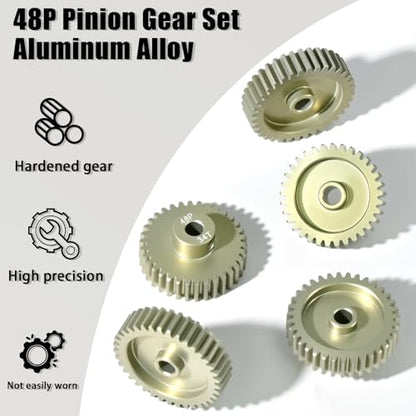 5Pcs 48P Aluminum Alloy Pinion Gear Set 3.175mm 33T 34T 35T 36T 37T Motor Pinion Gear W M4 Screw and Hex Key, Fit 3.175mm (1/8-Inch) Shaft, for Arrma HPI Kyosho Losi Axial Traxxas Tamiya 1/10 RC Car - size: 48P-P-3.175mm-33-37T