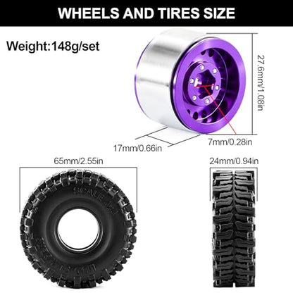 1.0" Beadlock Wheels and Tires for 1/24 SCX24 1/18 TRX4M RC Crawlers – Upgrade Parts (Purple, 4pcs) - color: Purple