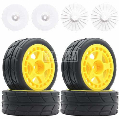 4PCS RC 1/10 On-Road Tires 65mm RC Rubber Tires w/Plastic Wheel Rim 12mm Hex Fit for 1/10 RC On-Road Rally Car HPI Tamiya TT01 TT02 Kyosho Wltoys 144001 - color: Yellow 3