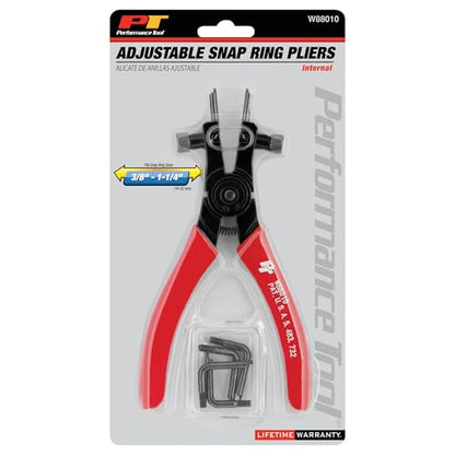 Performance Tool W88010 Adjustable Internal Snap Ring Pliers | Automotive retaining ring removal tool. Adjustable 0, 45, and 90 degree tips. Includes 3 pair of tapered tips - size: Adj. Internal Snap Ring Plier